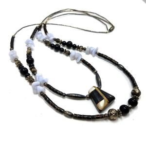 Vintage Artisan Gemstone Beaded Necklace Shell Inlay Pendant Two Strand